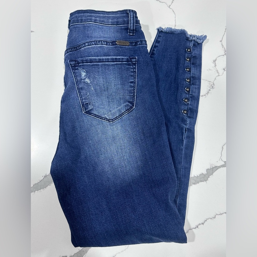KanCan Dark Blue Distressed Ankle Jeans with Button Detail Size 5 / 26